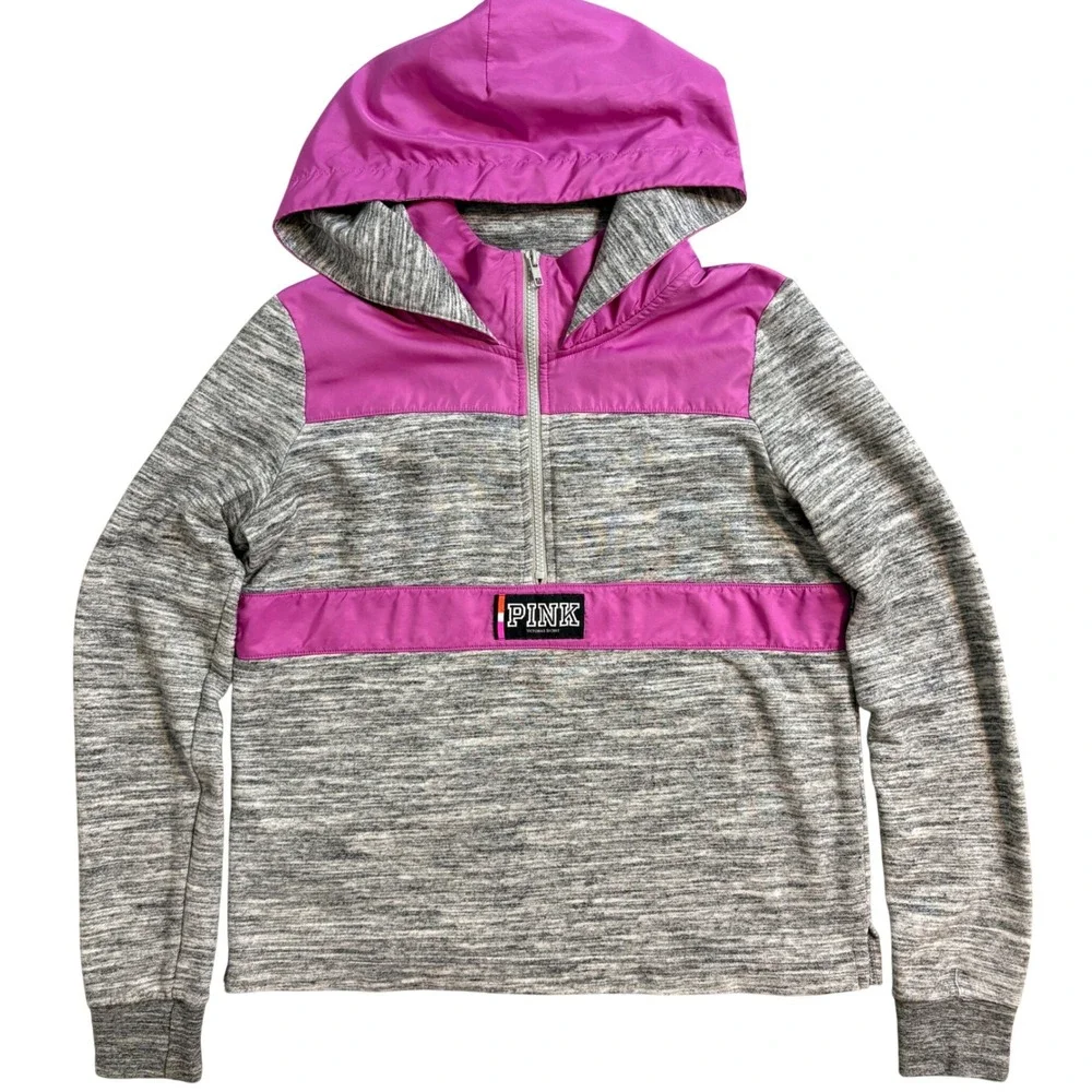 Victorias Secret PINK Half Zip Hoodie Space Dye Grey Purple Logo Small